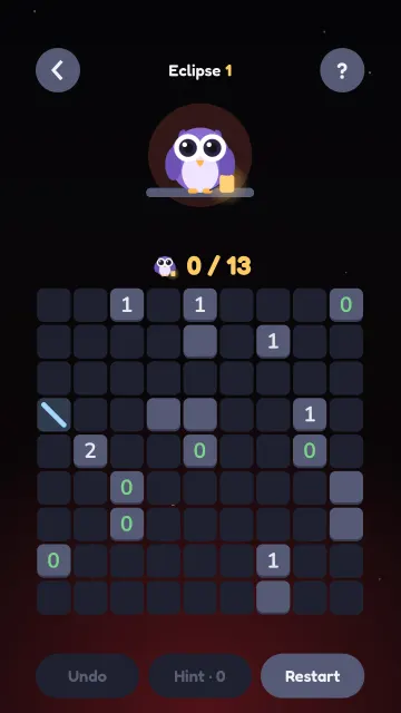 Owlight Eclipse level 1: a large 9 by 9 board under a deep red sky.