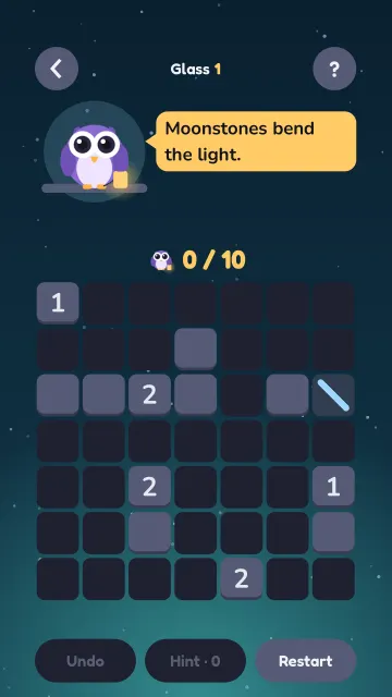 Owlight Glass level 1: a board with a moonstone and the owl saying moonstones bend the light.