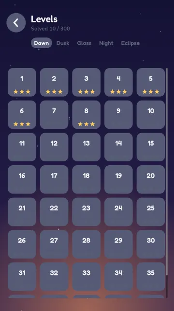 Owlight level select showing the Dawn pack with stars earned on the first levels.