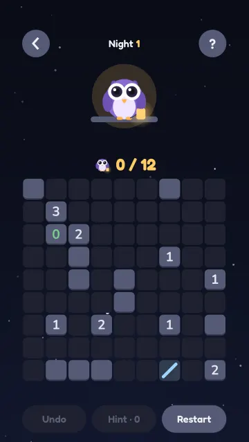 Owlight Night level 1: a 9 by 9 board with numbered walls and two moonstones.