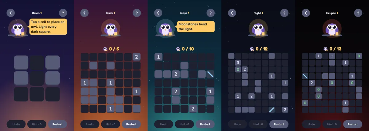 The first level of each Owlight night sky side by side: Dawn, Dusk, Glass, Night and Eclipse.